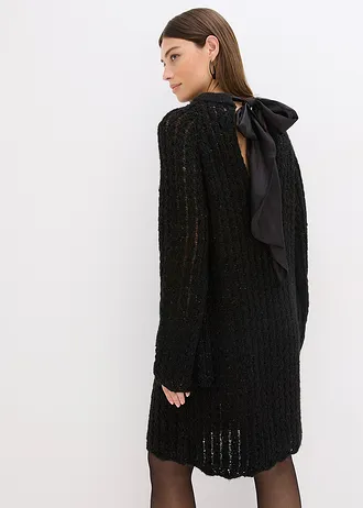 Licht transparante, gebreide mini jurk met satijnen strik • zwart • bonprix online shop