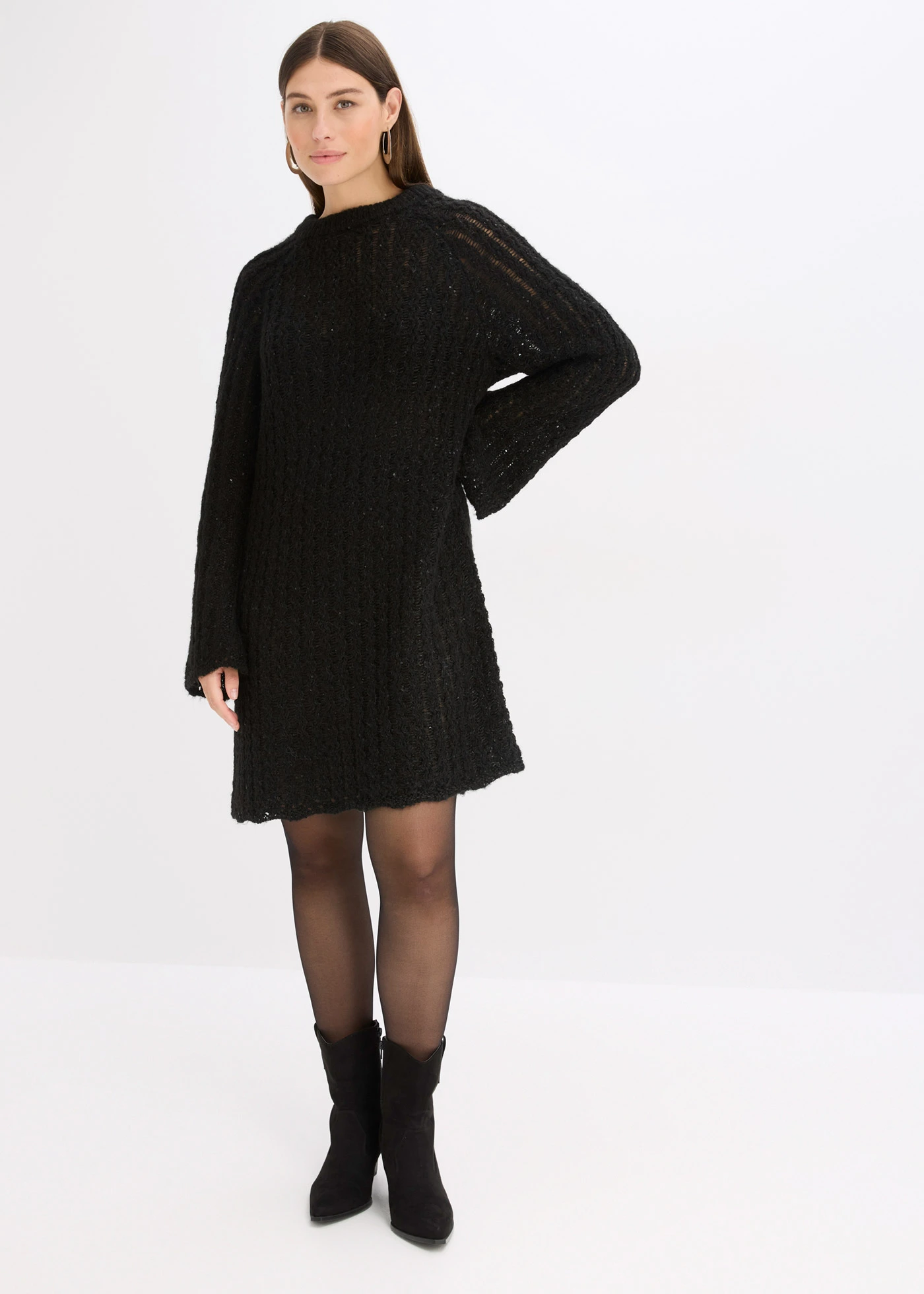 Licht transparante, gebreide mini jurk met satijnen strik • zwart • bonprix online shop