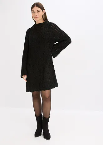 Licht transparante, gebreide mini jurk met satijnen strik • zwart • bonprix online shop