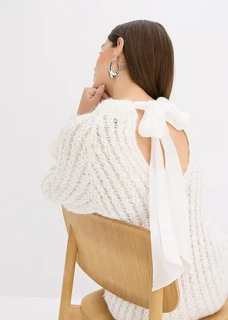 Robe courte en maille à nœud en satin, légèrement transparente • ecru • Boutique bonprix