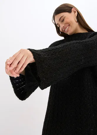 Licht transparante, gebreide mini jurk met satijnen strik • zwart • bonprix online shop