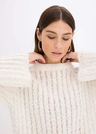 Robe courte en maille à nœud en satin, légèrement transparente • ecru • Boutique bonprix