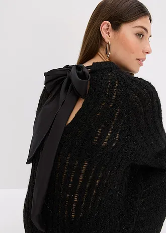 Licht transparante, gebreide mini jurk met satijnen strik • zwart • bonprix online shop