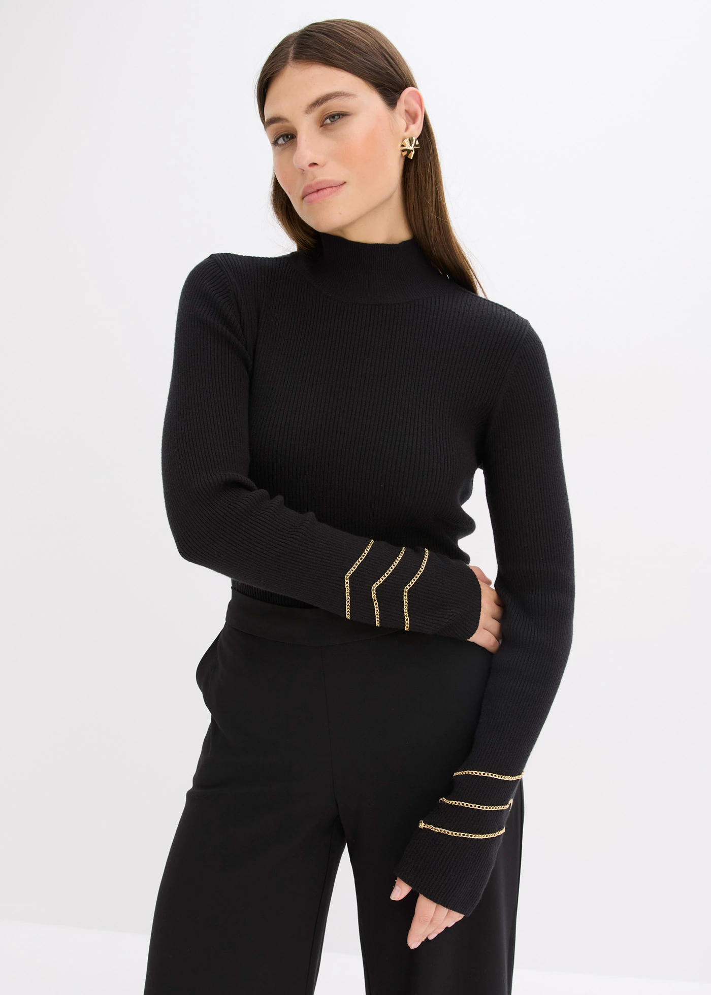 Pull en fine maille à chaînes dorées • noir • Boutique bonprix