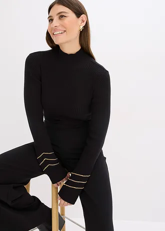 Pulover din tricot fin cu șiraguri aurii • negru • magazin bonprix
