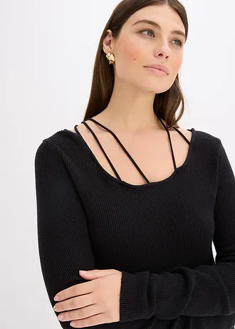 Pulover din tricot fin cu decolteu adânc • negru • magazin bonprix