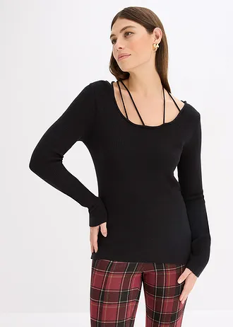 Pulover din tricot fin cu decolteu adânc • negru • magazin bonprix