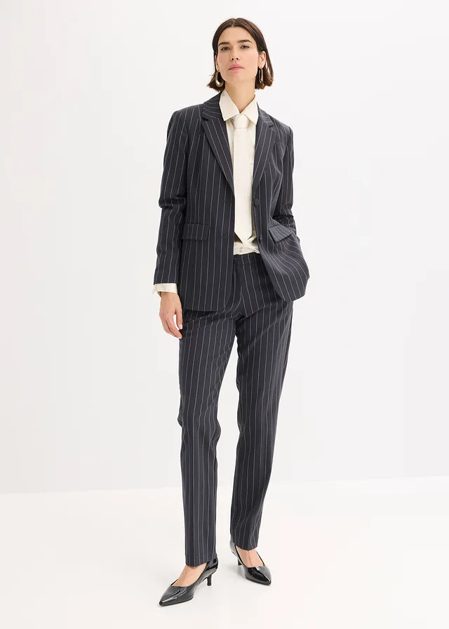 Damespak met krijtstrepen (2-dlg.) • zwart-natuurbeige gestreept • bonprix online shop