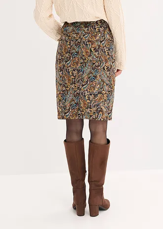 Strečová sukně s bavlnou, barva: černo-béžový kašmírový vzor