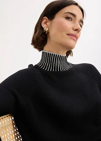 Trui met opstaande kraag en kasjmier • zwart-natuurbeige • bonprix online shop