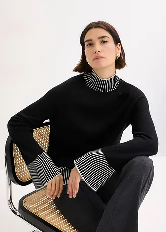 Svetr se stojáčkem, s podílem kašmíru • černo-béžová • bonprix obchod