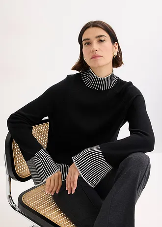 Trui met opstaande kraag en kasjmier • zwart-natuurbeige • bonprix online shop