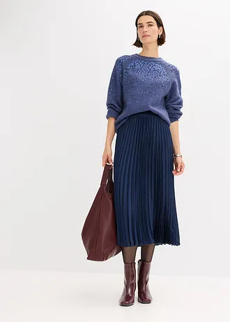 Plissé rok van fijn satijn, Kleur: donkerblauw