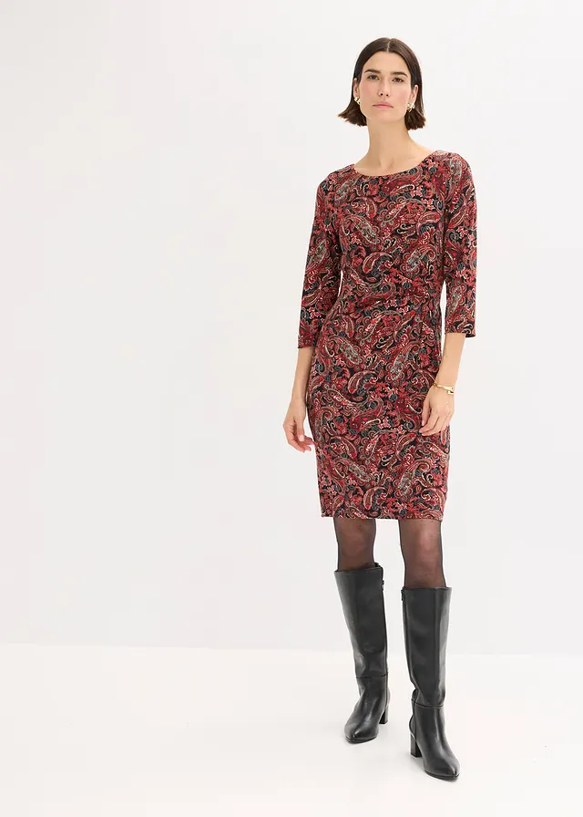 Robe en jersey à imprimé paisley, Couleur: noir-rouge paisley