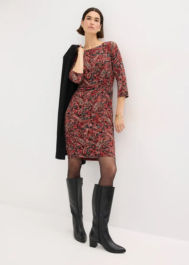 Robe en jersey à imprimé paisley, Couleur: noir-rouge paisley