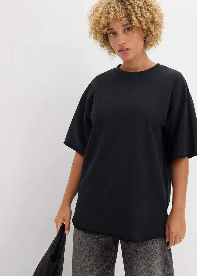 T-shirt long en sweat 100% coton, Couleur: noir