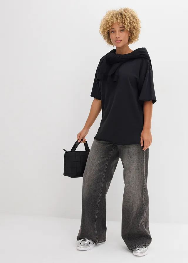 T-shirt long en sweat 100% coton, Couleur: noir
