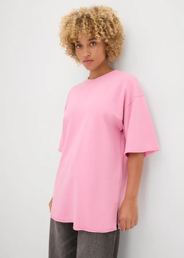T-shirt long en sweat 100% coton, Couleur: rose glycine