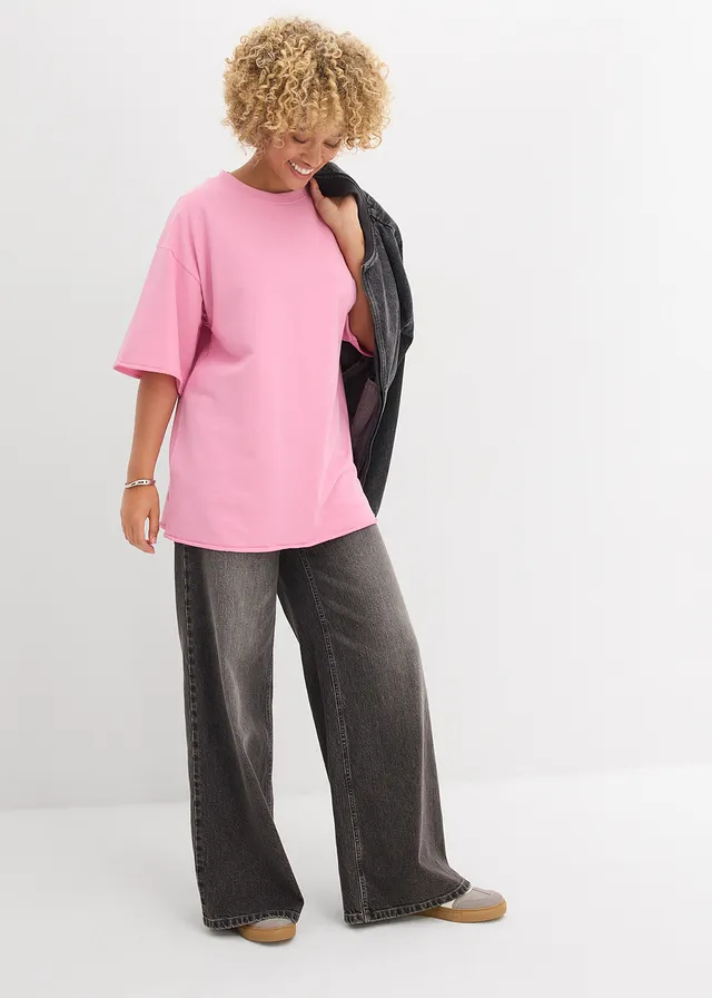 T-shirt long en sweat 100% coton, Couleur: rose glycine