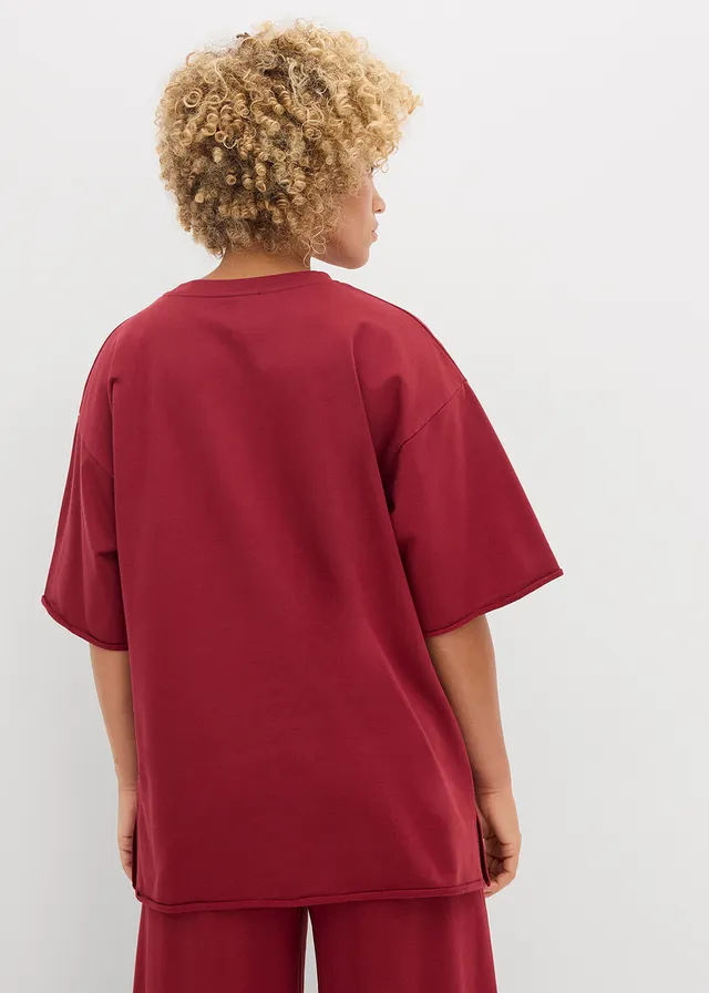 T-shirt long en sweat 100% coton, Couleur: rouge prune