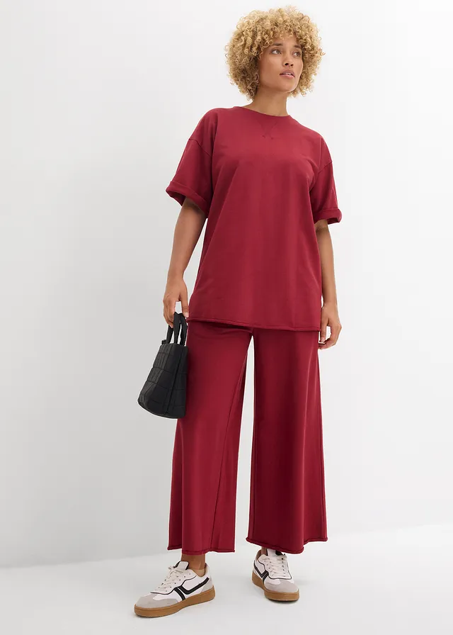 T-shirt long en sweat 100% coton, Couleur: rouge prune