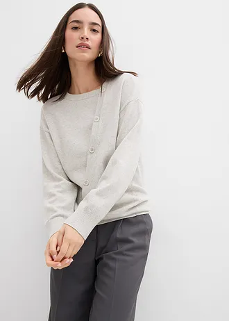 Svetr z jemné pleteniny, s asymetrickou knoflíkovou lištou • šedobéžová melír • bonprix obchod