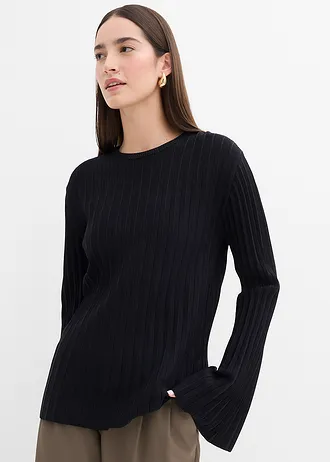 Pull plissé en fine maille en viscose mélangée • noir • Boutique bonprix