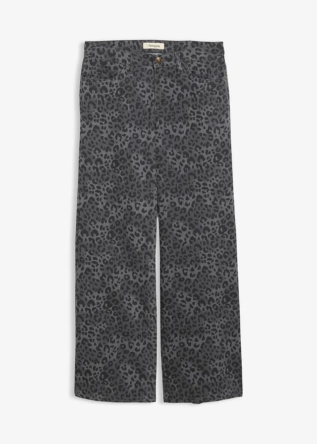 Pantaloni largi din twill, cu imprimeu leo