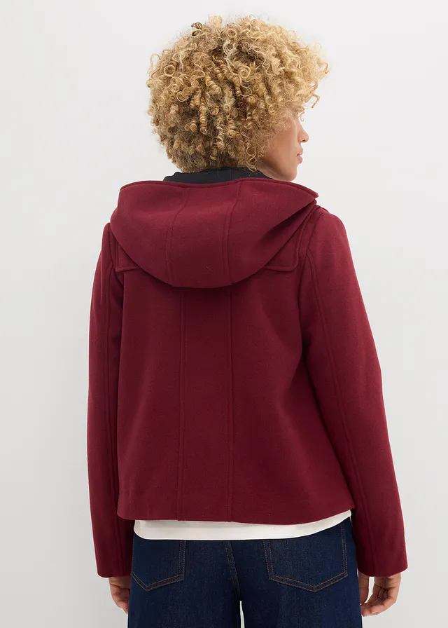 Houtje touwtje jas in wollen look, Kleur: donkerbessen