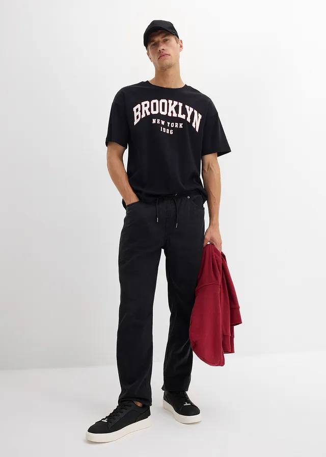 Voľné nohavice, Relaxed Fit, z čistého bavlneného twillu, Tapered, farba: čierna