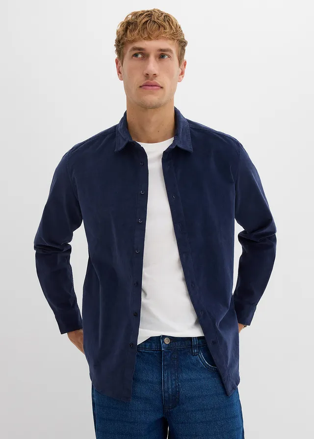 Chemise douce en velours de coton côtelé extensible, Couleur: bleu foncé
