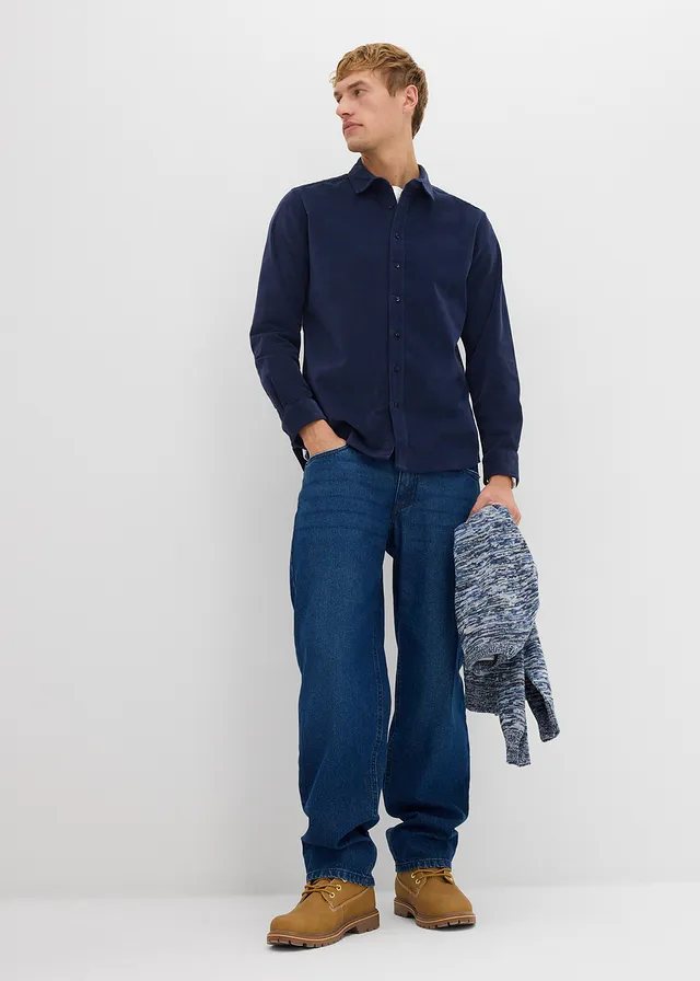 Chemise douce en velours de coton côtelé extensible, Couleur: bleu foncé