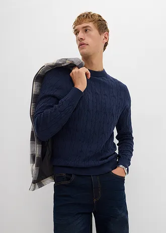 Grof gebreide trui met kabelpatroon van recyclebaar katoen • donkerblauw • bonprix online shop