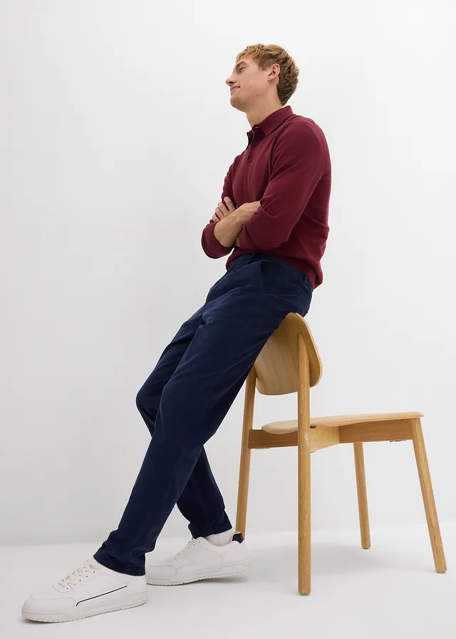 Regular fit stretch corduroy broek met biologisch katoen, tapered • donkerblauw • product-page.page-title-suffix