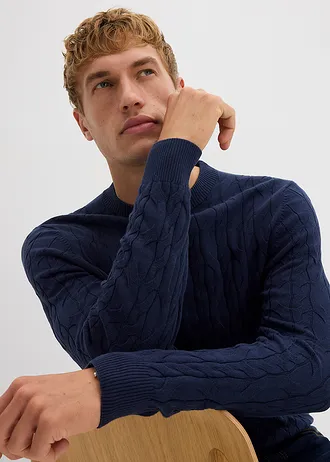 Pull en maille torsadée 100% coton • bleu foncé • Boutique bonprix