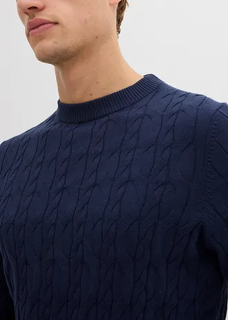 Grof gebreide trui met kabelpatroon van recyclebaar katoen • donkerblauw • bonprix online shop