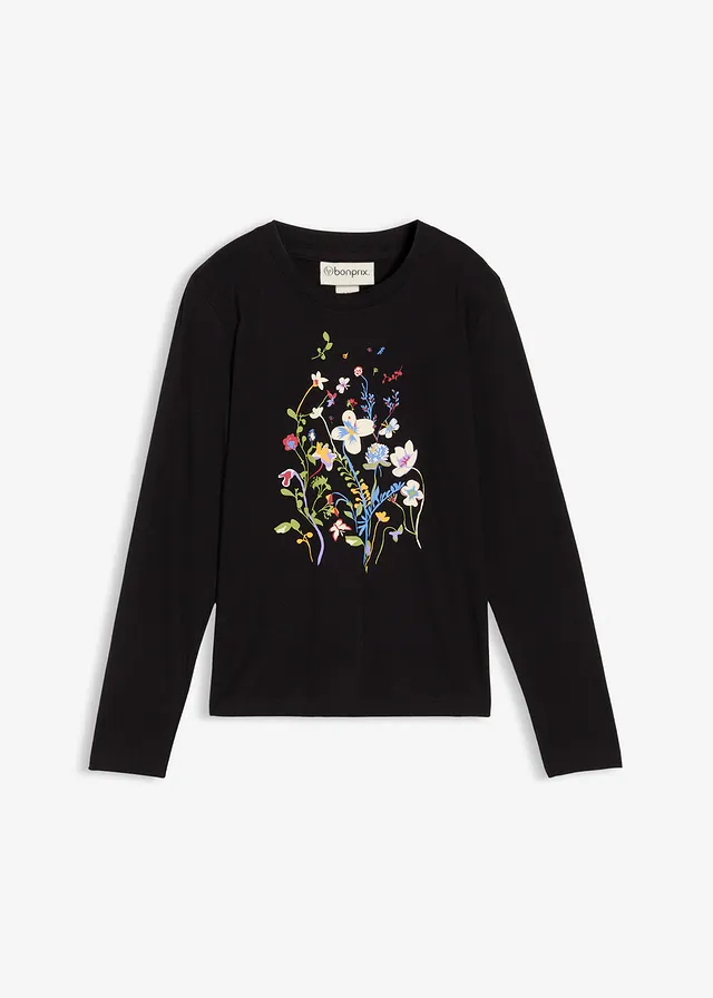 T-shirt manches longues 100% coton • noir floral • Boutique bonprix