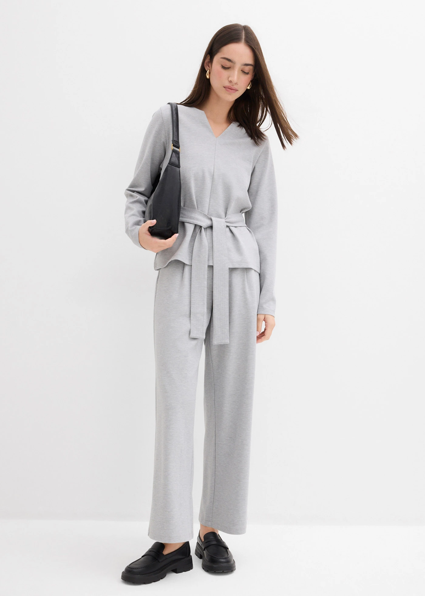 Tričko s dlouhým rukávem a širokou vázačkou, z viskózové směsi • světle šedý melír • bonprix obchod