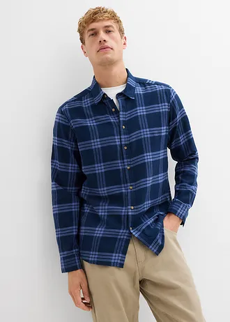 Flanel overhemd met  lange mouwen van biologisch katoen • donkerblauw geruit • bonprix online shop