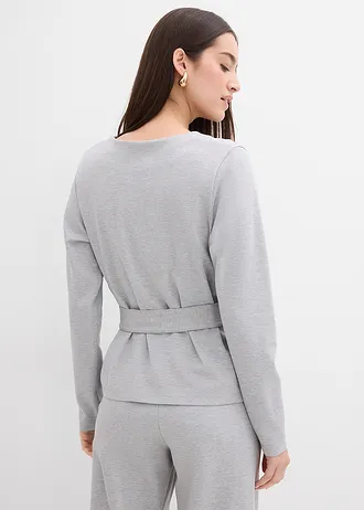 Tričko s dlouhým rukávem a širokou vázačkou, z viskózové směsi • světle šedý melír • bonprix obchod