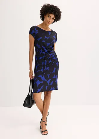 Žerzejové šaty, z recyklovaného polyesteru • safírově modro-černá s květy • bonprix obchod