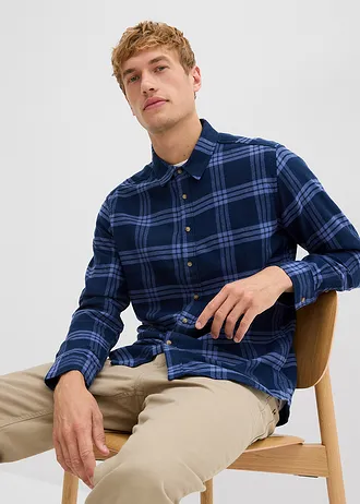Flanel overhemd met  lange mouwen van biologisch katoen • donkerblauw geruit • bonprix online shop
