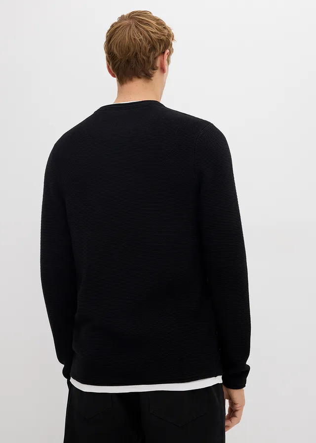 Pull texturé effet 2-en-1 en coton mélangé, Couleur: noir / blanc