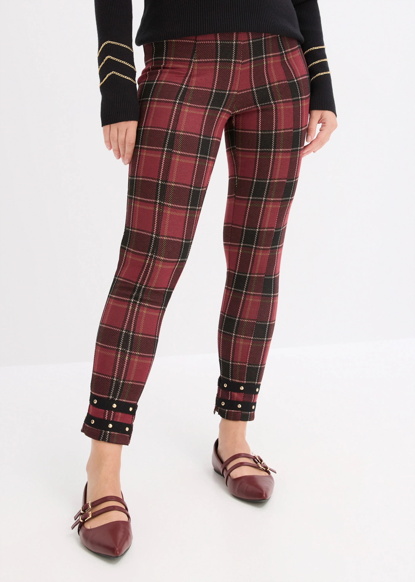 Jegging arany színben fénylő szegecsekkel • piros/kockás • bonprix áruház