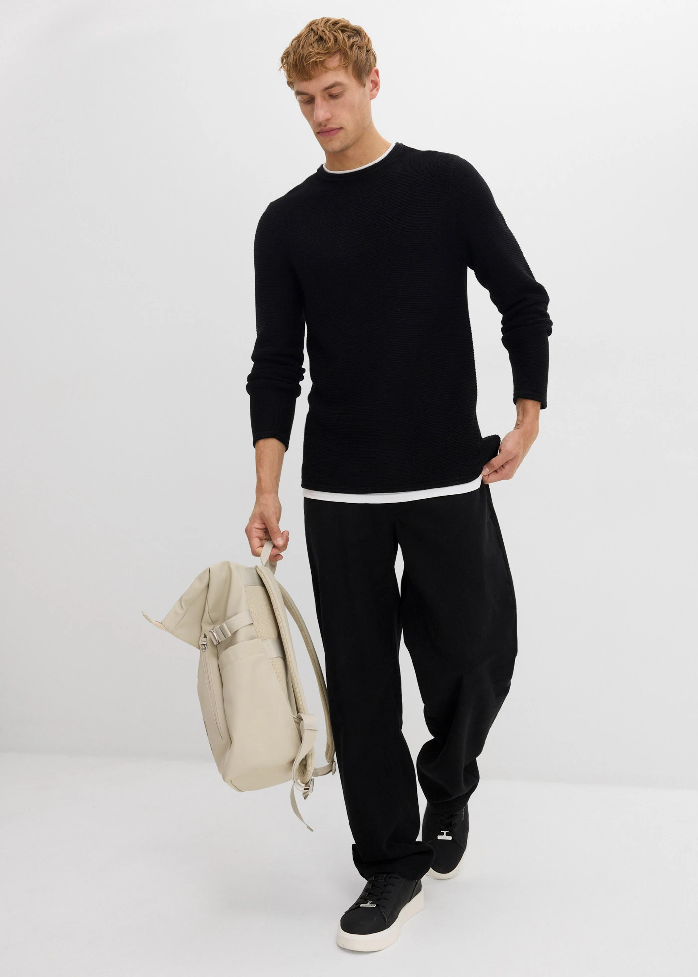 Pull texturé effet 2-en-1 en coton mélangé • noir/blanc • Boutique bonprix