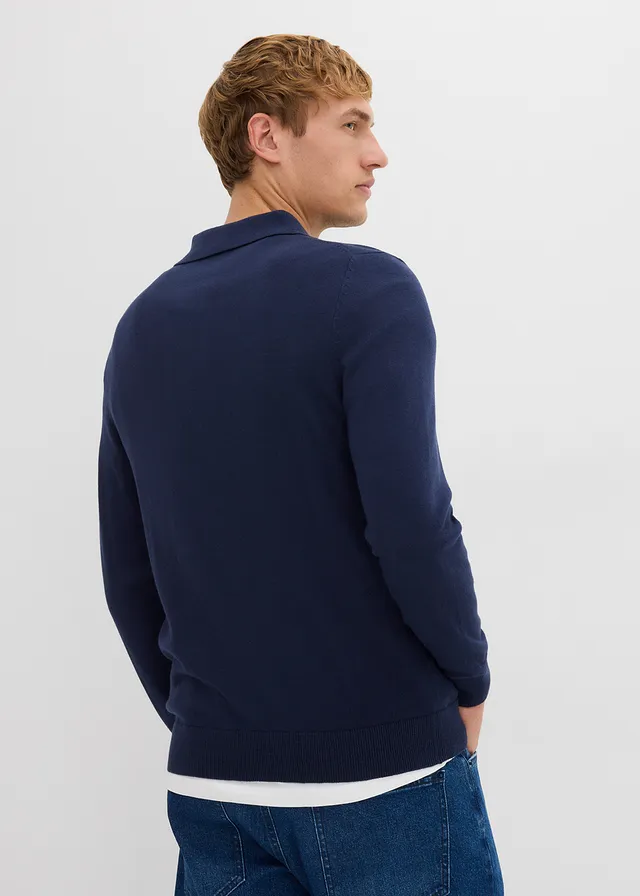 Fijngebreide polo-trui met prachtig merinowol, slim fit, Kleur: donkerblauw