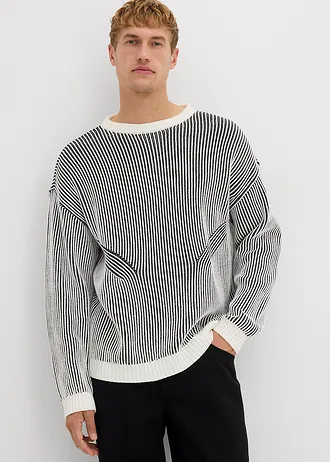 Žebrovaný svetr z bavlněné směsi, Loose Fit • černo-přírodní bílá s proužky • bonprix obchod