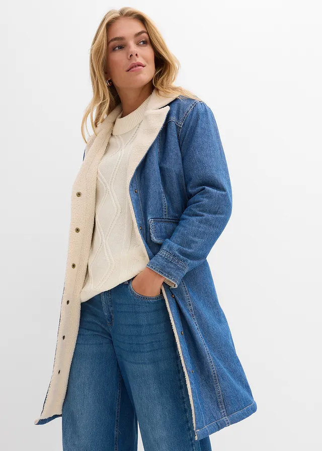 Manteau rembourré en denim, doublé sherpa, Couleur: bleu denim used