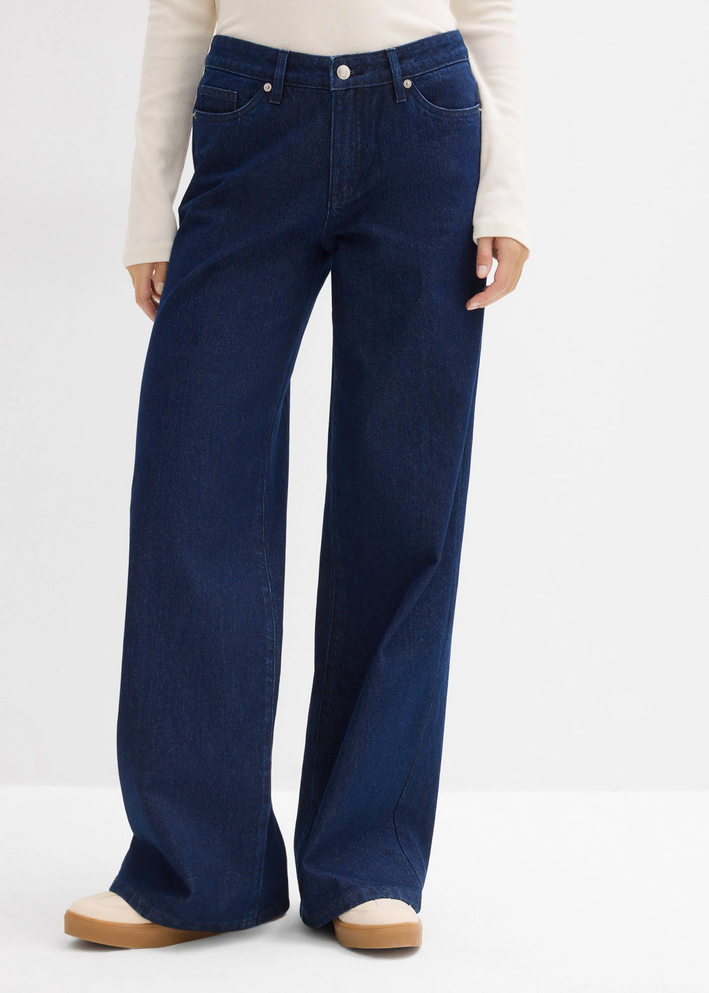 Wide Leg farmer, Mid Waist, Low sztreccs, Full Length • mélykék denim, nincs előmosva • bonprix áruház