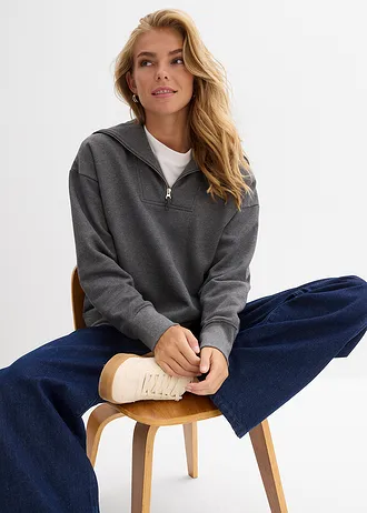 Mikina s límcem na zip, z měkké bavlněné směsi • šedý melír • bonprix obchod